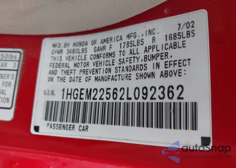 2002 Honda Civic Lx z USA, uszkodzony, nr VIN 1HGEM22562L092362